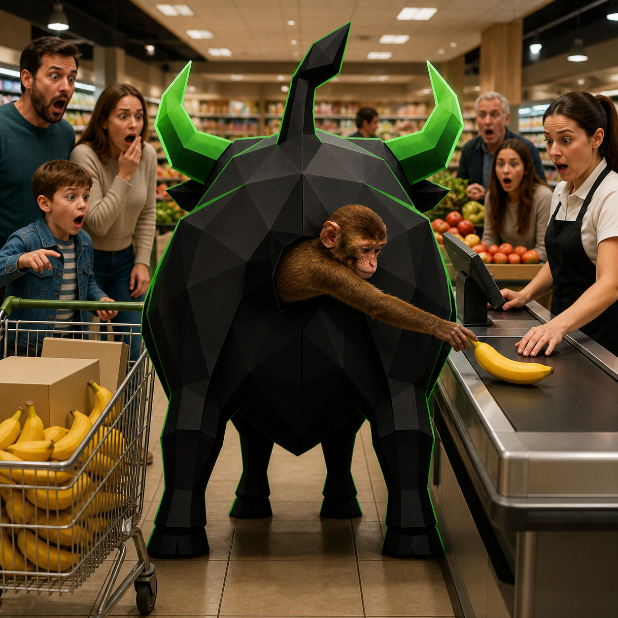 The neon bull and ape buying bananas at the supermarket checkout